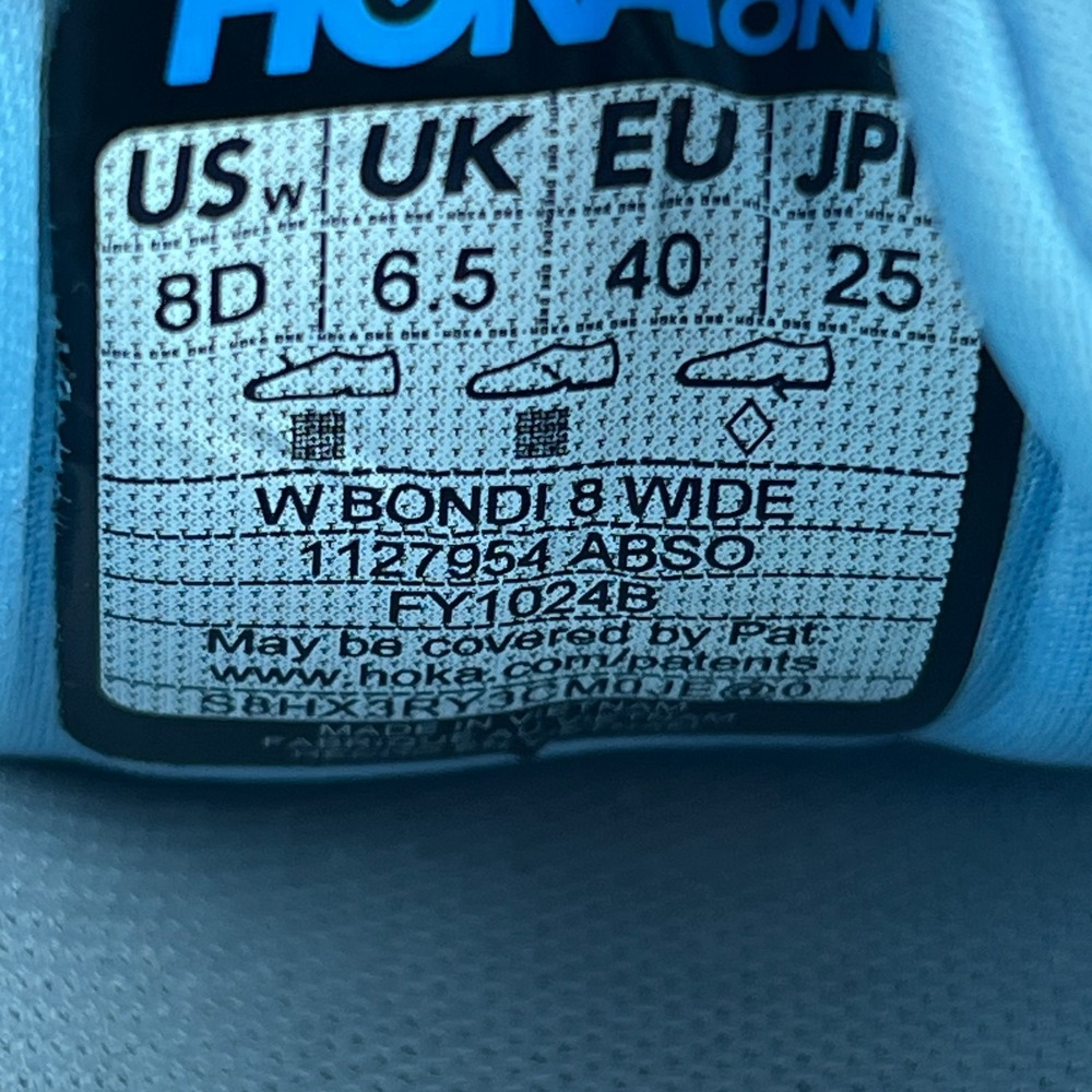 Hoka One Bondi 8 Womens Size 8 D WIDE Airy Blue Ocean Running Shoe 1127954 ABSO - Picture 13 of 13